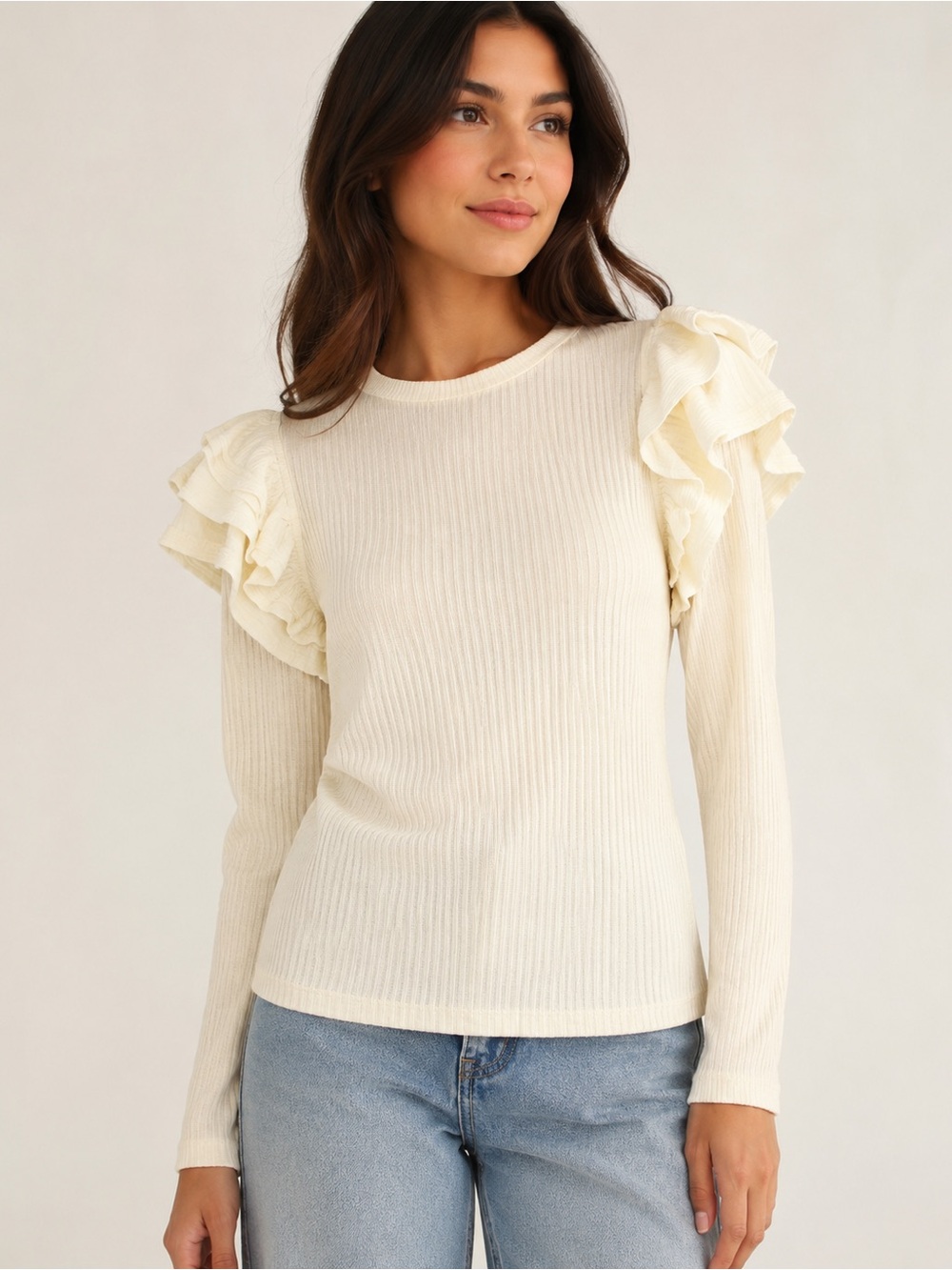 Tiered Ruffle Top Ivory Ribbed Knit Long Sleeve XL Whimsical Coquette Fairy NWT